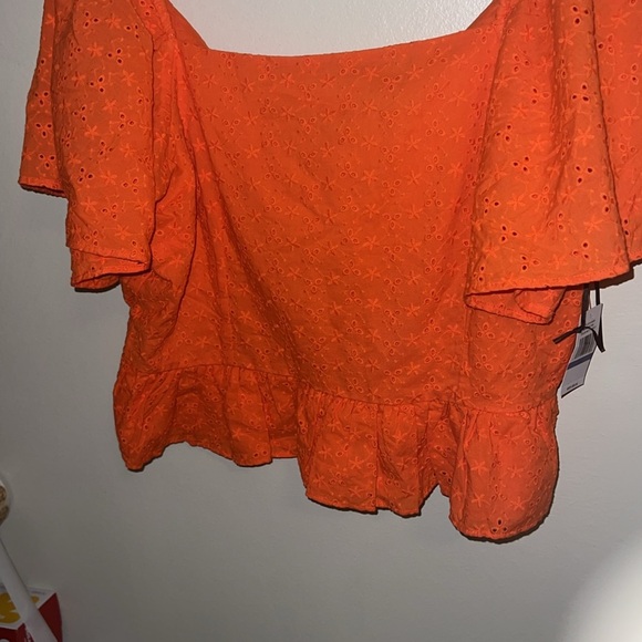 Cropped Orange Eyelet Ruffle Top with Tie Back - Picture 4 of 5